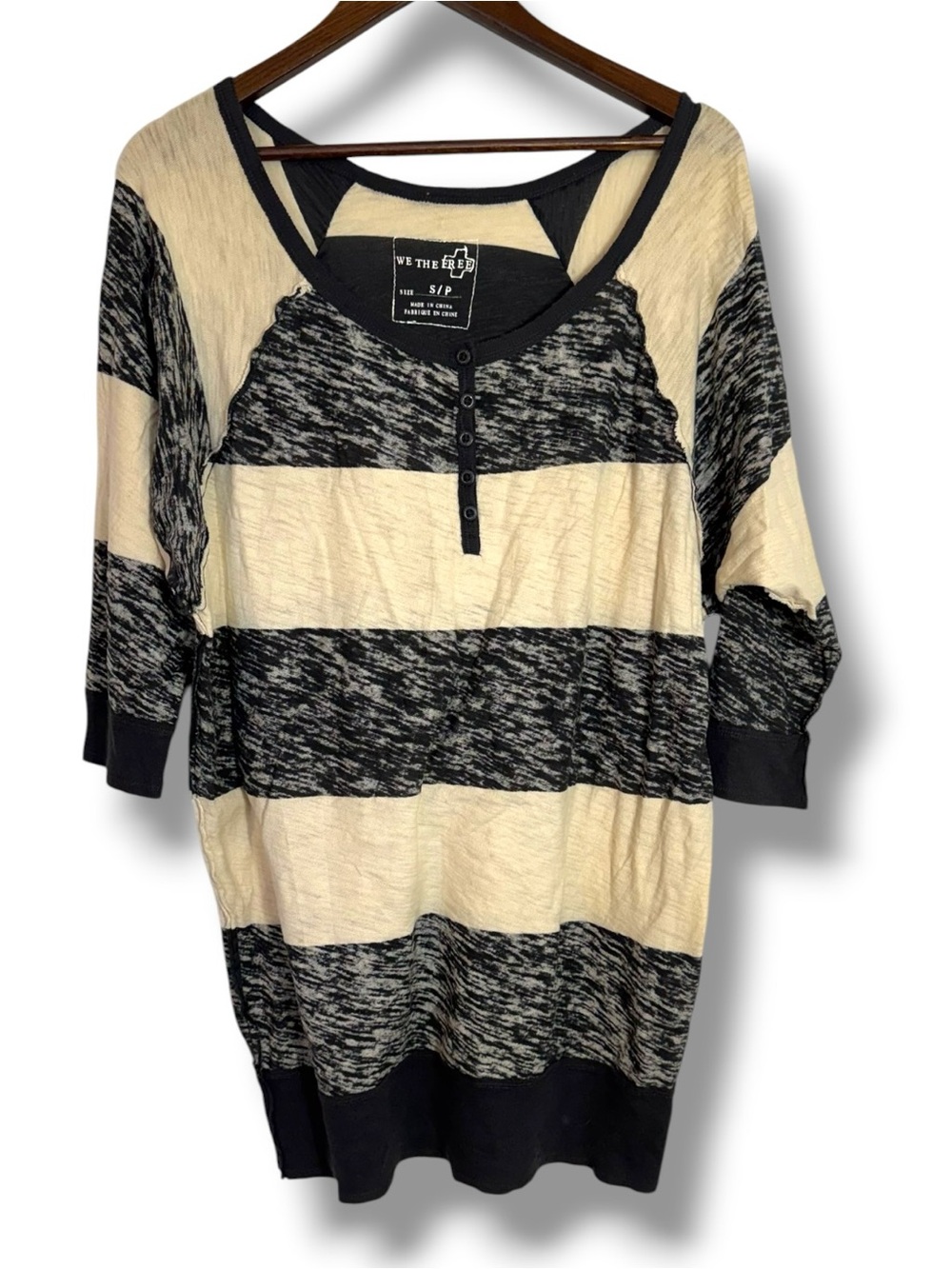 Free People We The Free Cotton Henley Blouse Top Black Cream Striped SM Oversize